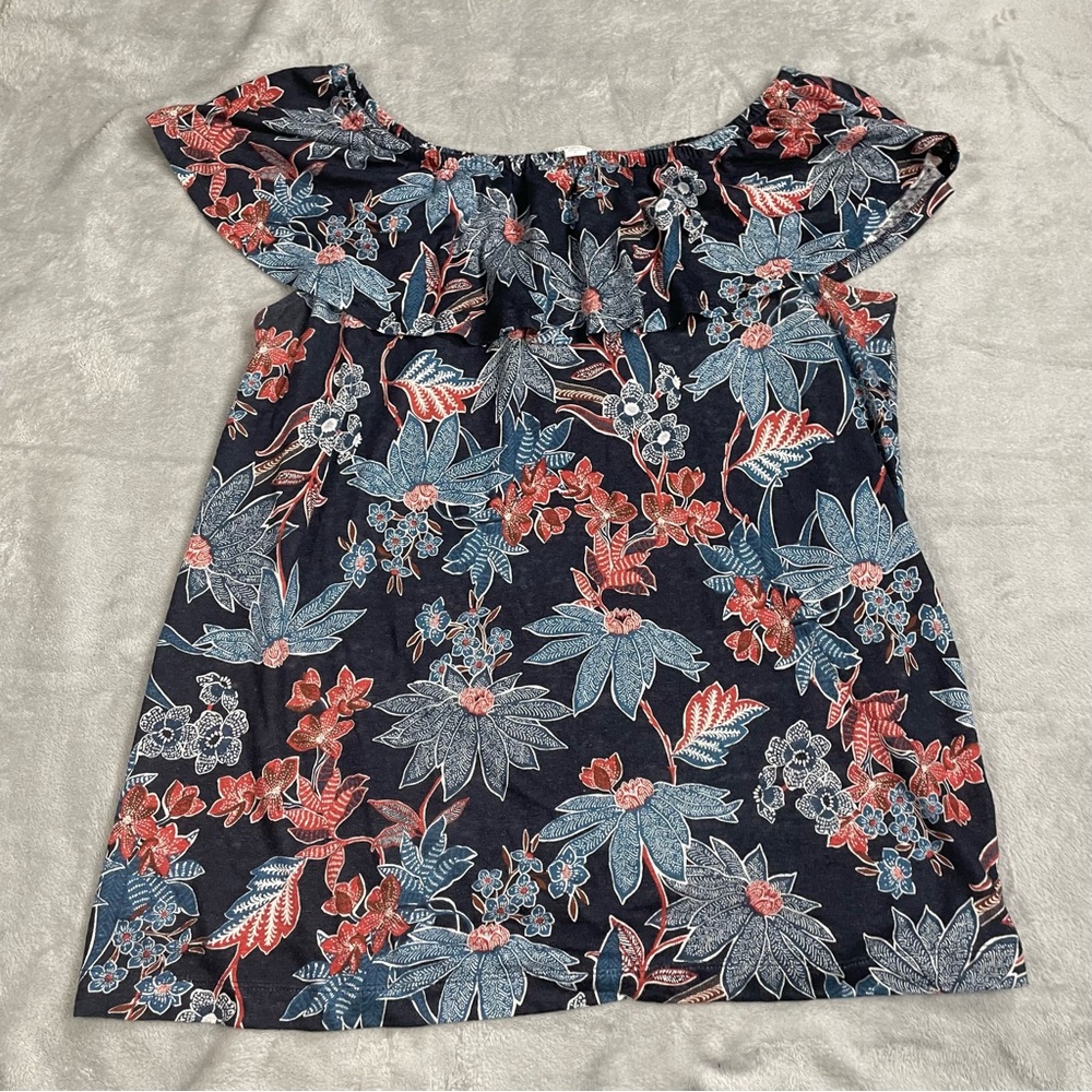 J.Jill Blouse Medium Love Linen Floral Ruffle Neck Navy Blue